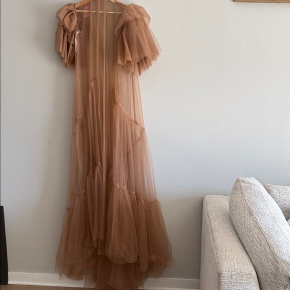 Jackets & Blazers - Sheer Ruffle Sleeve Maxi Robe in Cinnamon
